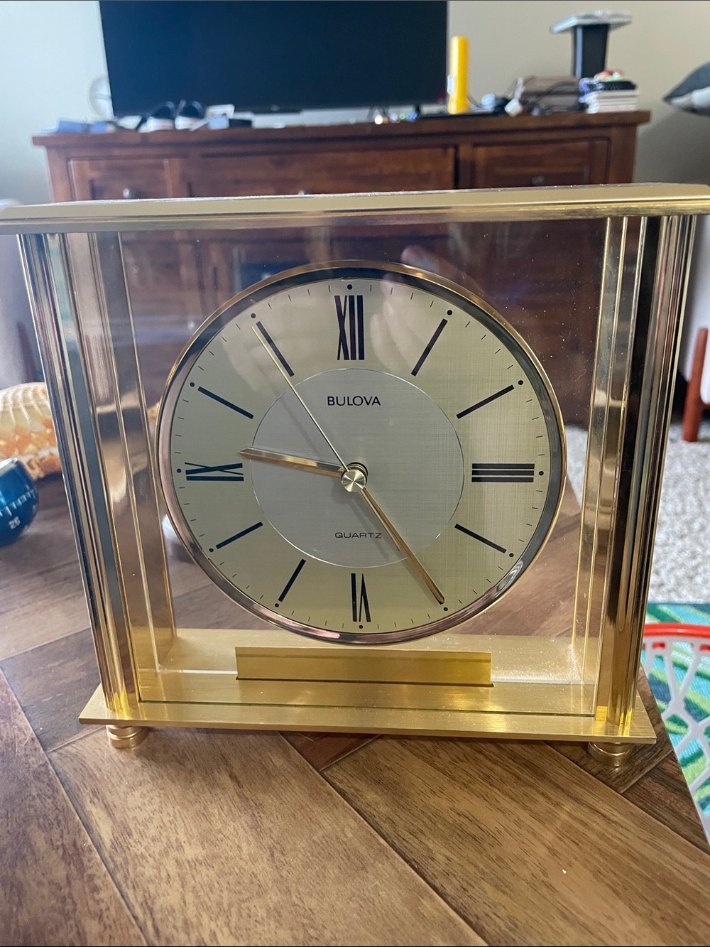 Bulova Gold Glass Mantel Clock with Roman Dial